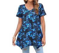 Enmain Tunic Tops for Women UK Casual Ladies Tunics Short Sleeve Longline Women Long Top to Wear for Leggings Summer V Neck Hanky Hem Black,3XL