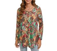 Enmain Tunic Tops for Women UK Long Sleeve Plus Size Tunic Tops for Leggings Longline Ladies V Neck Blouse Loose T Shirt Buttons Up Floral Printed Ladies Blouse,L1-Burgundy/Brown,2XL