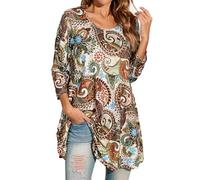 Enmain Tunic Tops for Women UK Plus Size Ladies Tunics 3/4 Sleeve for Leggings Baggy Oversize Womens Boho Tops Long Sleeve Round Neck for Casual Work Beige 5XL