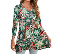 Enmain Tunic Tops for Women UK Plus Size Womens Tops 3/4 Long Sleeve V Neck Ladies Blouse Longline Floral Casual Loose Fit Tunics for Leggings Green & Red L