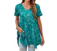 Enmain Tunic Tops for Women UK Short Sleeve Casual Summer Ladies Tunics Top Longline Womens Plus Size Paisley Teal Blouse to Wear for Leggings V Neck S