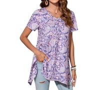 Enmain Tunic Tops for Women UK Short Sleeve Summer Tunics for Leggings V Neck Patterned Ladies Blouse Shirt Casual Loose T Shirts Blouse Swing Top, Mauve, L