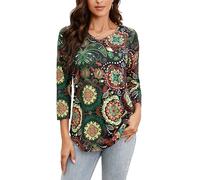 Enmain Tunic Tops Women Long Sleeve Ladies V Neck Patterned Top Women's Curved Hem T Shirt Swing Tee Tunics for Woman Multicolor 1 S