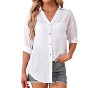 Enmain White Linen Shirt Womens Long Sleeve V-Neck Ladies Casual Summer Shirts Button Up Blouses for Women UK Breathable Lightweight Cotton Linen Tops for Everyday Wear Weekend Home S