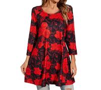Enmain Women Tunic Top 3/4 Sleeve Flower Printed Long Shirts Casual Round Neck Ladies Longline Blouses Pluse Size Shirts for Daily Black/Red XXL