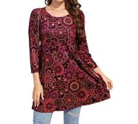 Enmain Women Tunic Top 3/4 Sleeve Paisley Printed Long Shirts Casual Round Neck Ladies Longline Blouses Pluse Size Shirts for Daily Red L