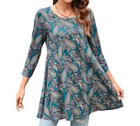 Enmain Women Tunic Top for Leggings Ladies Tunic Blouses 3/4 Long Sleeve Paisley Swing Tops Aqua and Blue L