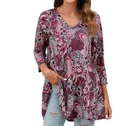 Enmain Womens Casual Tunic Tops Ladies Long Sleeve Blouse 3/4 Sleeves V Neck Longline Tops Paisley Tunic to Wear with Leggings Rose, S