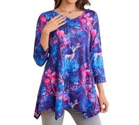 Enmain Womens Christmas Tunic Top 3/4 Sleeve Baggy Xmas Tunics Top UK V Neck Hanky Hemd Elk Pattern Gift for Ladies Christmas's Day XL