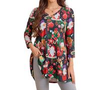 Enmain Womens Christmas Tunic Top 3/4 Sleeve Black Tunics Tops for Women UK Plus Size V Neck Ladies Longline Swing Casual Santa Claus Xmas Pattern Blouse Festive Holiday 2XL
