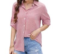 Enmain Womens Linen Shirts Red Cotton Long Sleeve Pink Blouse Womens Striped Button Down Shirts Summer Casual Collared Office Work 2XL