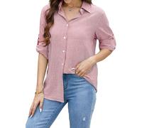 Enmain Womens Linen Shirts Red Cotton Long Sleeve Pink Blouse Womens Striped Button Down Shirts Summer Fitted Casual Collared Office Work XL