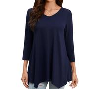 Enmain Womens Navy Tunic Tops Long Sleeve V Neck Ladies 3/4 Sleeve Tunics Casual Pattern Print Hanky Hem T Shirt Blouse Swing Top,Navy Blue,2XL