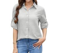 Enmain Women's Striped Blouse Button Down Long Sleeve Grey Shirts Cotton and Linen Shirt Women Light Grey Fitted Summer Casual Office L