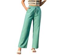 Enmain Womens Trousers Casual Cotton Linen Trousers Wide Leg Teal Summer Pants for Women Drawstring Travel Trousers with Pockets S