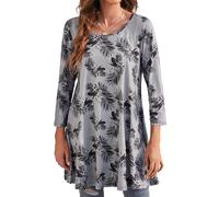 Enmain Womens Tunic Top 3/4 Long Sleeve Tunics for Women UK Plus Size Round Neck Ladies Swing T-Shirt Grey Longline Tops for Leggings Casual Loose Leaf Pattern Blouse T Shirts S