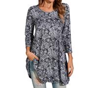 Enmain Womens Tunic Top 3/4 Long Sleeve Tunics for Women UK Plus Size Round Neck Longline Tops for Leggings Ladies Swing T-Shirt Casual Loose Black Paisley Pattern Blouse T Shirts XL