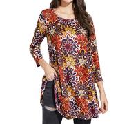 Enmain Womens Tunic Tops 3/4 Sleeve Ladies Long Tunics Casual Longline Loose Tunic Top for Leggings Round Neck Blouse Shirts Red & Yellow XL
