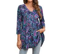 Enmain Womens Tunic Tops Casual Blouses for Women Loose Fit Longline Tunics 3/4 Sleeves V Neck Plus Size Ladies Paisley Tops to Wear with Leggings Black M