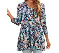 Enmain Women's Tunic Tops Long Sleeve Ladies Plus Size Tops 3/4 Sleeves V Neck Paisley Casual Baggy Blouses for Women Tunic to Wear with Leggings Blue & Red, 3XL
