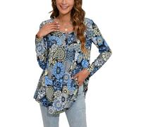 Enmain Women's Tunic Tops Long Sleeve Plus Size Tunic Tops for Leggings Longline Ladies Blouse Loose T Shirt Buttons Up Floral Printed,L1-Blue/Black,2XL