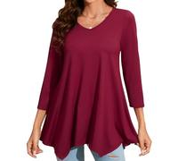 Enmain Womens Tunic Tops Long Sleeve V Neck Ladies Burgundy 3/4 Sleeve Tunics Casual Pattern Print Hanky Hem T Shirt Blouse Swing Top,Burgundy 2,L