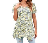 Enmain Womens Tunic Tops Summer Short Sleeve T Shirt Ladies V Neck Patterned Tunics for Leggings Casual Elegant Tunic Style Shirts Blouse Swing Top Yellow L