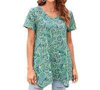 Enmain Womens Tunic Tops Summer Short Sleeve T Shirt Ladies V Neck Patterned Tunics for Leggings Casual Elegant Tunic Style Shirts Blouse Swing Top Green L
