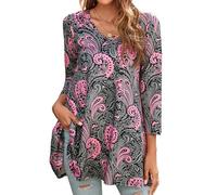 Enmain Womens Tunic Tops UK Casual Blouses for Women Plus Size Loose Fit Longline Tunics 3/4 Sleeves V Neck Ladies Floral Tops to Wear with Leggings Grey & Pink, XL