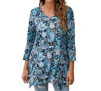 Enmain Womens Tunic Tops V Neck Ladies 3/4 Sleeve Long Tunics for Leggings Casual Pattern Print Hanky Hem T Shirt Blouse Swing Top,Light Blue,2XL