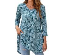 Enmain Womens Tunic Tops V Neck Ladies 3/4 Sleeve Long Tunics for Leggings Casual Pattern Print Hanky Hem T Shirt Blouse Swing Top,Aqua,L