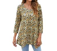 Enmain Womens Tunic Tops V Neck Ladies 3/4 Sleeve Long Tunics for Leggings Casual Pattern Print Hanky Hem T Shirt Blouse Swing Top,Leopard,L