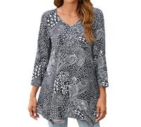 Enmain Womens Tunic Tops V Neck Ladies 3/4 Sleeve Long Tunics for Leggings Casual Pattern Print Hanky Hem T Shirt Blouse Swing Top,Black,L