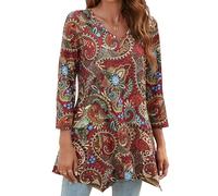 Enmain Womens Tunic Tops V Neck Ladies 3/4 Sleeve Long Tunics for Leggings Casual Pattern Print Hanky Hem T Shirt Blouse Swing Top,Burgundy,M