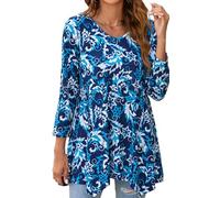 Enmain Womens Tunic Tops V Neck Ladies 3/4 Sleeve Long Tunics for Leggings Casual Pattern Print Hanky Hem T Shirt Blouse Swing Top,Blue,3XL