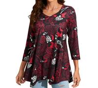 Enmain Womens Tunic Tops V Neck Ladies Long 3/4 Sleeve Tunics for Leggings Casual Pattern Print Hanky Hem T Shirt Blouse Swing Top,Red,XL
