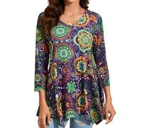 Enmain Womens Tunic Tops V Neck Ladies Long 3/4 Sleeve Tunics for Leggings Casual Pattern Print Hanky Hem T Shirt Blouse Swing Top,Purple 1,XL