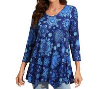 Enmain Womens Tunic Tops V Neck Ladies Long 3/4 Sleeve Tunics for Leggings Casual Pattern Print Hanky Hem T Shirt Blouse Swing Top,Blue,XL