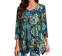 Enmain Womens Tunic Tops V Neck Ladies Long 3/4 Sleeve Tunics for Leggings Casual Patterned Hanky Hem T Shirt Blouse Swing Top,Blue & Green,L