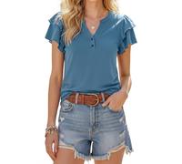 Enmain Womens V Neck T Shirts Flutter Short Sleeve Top Stretchy Wrinkle Free Casual Elegant Office Business Blouses Blue Green XL