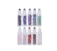 EnMart 10Pcs Clear Essential Oil Bottles, 10ml Natural Gemstones Essential Oil Roller Bottles, Portable Refillable Perfume Sample Vials with Crystal Stone Roller Balls and Healing Crystal Chips Inside