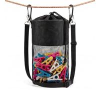 ENNJING Peg Bag for Washing Line with Shoulder Strap, Large Clothes Peg Bag Holds 300+ Pegs, Black Oxford Mesh Pegs Organizer with Drawstring Closure and Dual Hanging Clips for Indoor Outdoor Laundry