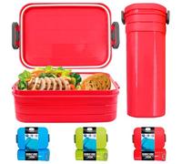 Ennoxwi 2-Piece Bento Lunch Box and Water Bottle Set, Bento Box, Leakproof Food Container with Compartments for Work, Office, School, Picnic, Random Surprise Colours (Blue, Green or Red)