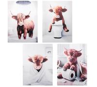 Ennoxwi 4 Pcs Highland Cow Wall Art Set, Rustic Farmhouse Bathroom Canvas Decor, Waterproof Funny Toilet Wall Art Prints with Highland Cow Theme, 20x25cm Unframed, for Bathroom and Living Room