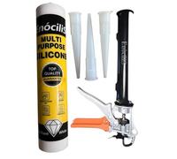 EnociliS Heavy Duty Strong Silicone Gun Caulking Gun + 1 Enocilis Silicone Sealant + Extra Nozzles Packing in Professional Box, 310ml Capacity, Aluminium Handle, Professional Sealant Applicator