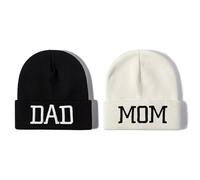 Enodtter Dad Mom Beanies for Couples, Black & White Matching Skullies Hats Set, Winter Warm Knit Knitted Hats, Gifts for Anniversary, Dad Mom (Black & White), One Size
