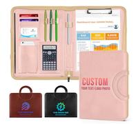 ENOMY Personalised A4 Leather Portfolio Waterproof Zipped Document Folder with Carry Handle Custom Business Gift Conference Organiser Secure File Holder Pink