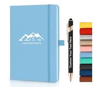 ENOMY Personalised A5 PU Leather Notebook & 10 Stylus Pens Set Customised Journal with Logo Text for Business Office College Travel Work Notebook Light Blue