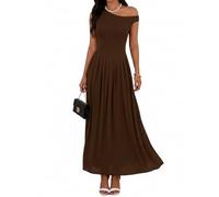 ENOPINK Womens Elegant One Shoulder Pleated Maxi Dress Ruched Sleeveless Formal Wedding Guest Dresses Evening Party Gown, Brown, M