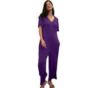 Enorisa Womens Ankle Length Wide Leg Jumpsuit With V-neck Design, Airy Flare Short Sleeves And Soft Touch Cotton Fabric (Purple, 16)